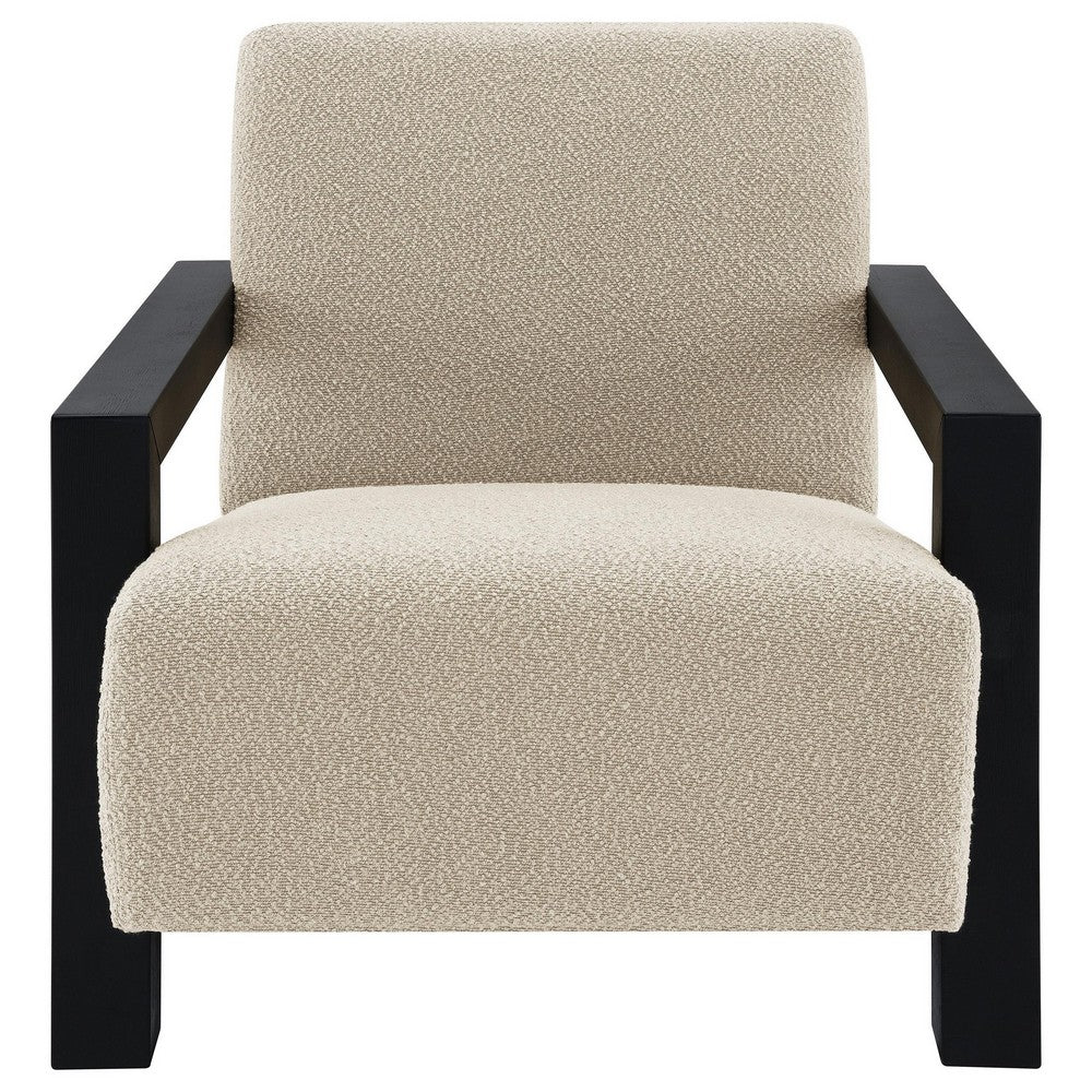Fitz Accent Chair, Soft Latte Beige Boucle Cushions, Black Wood Arms