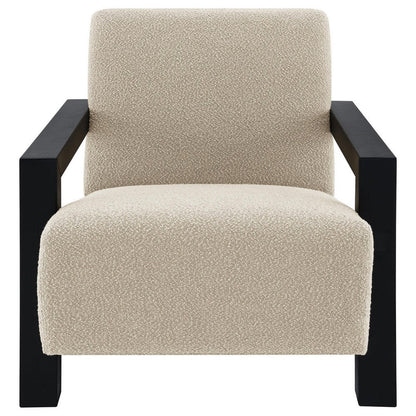 Fitz Accent Chair, Soft Latte Beige Boucle Cushions, Black Wood Arms