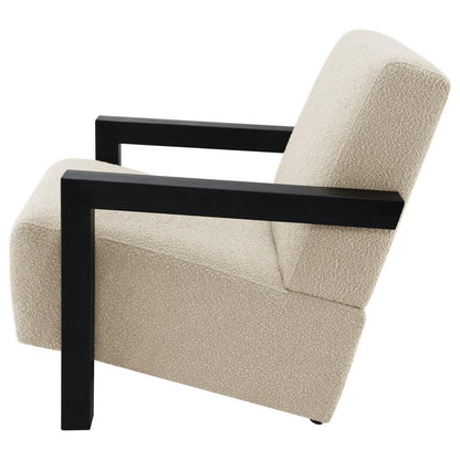 Fitz Accent Chair, Soft Latte Beige Boucle Cushions, Black Wood Arms