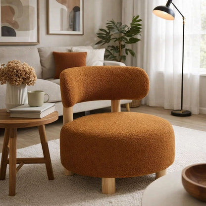 Zona Accent Chair, Barrel Back, Orange Boucle Fabric and Brown Wood