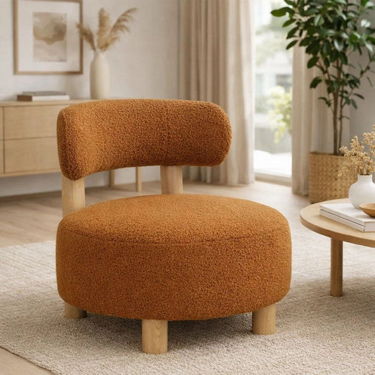 Zona Accent Chair, Barrel Back, Orange Boucle Fabric and Brown Wood