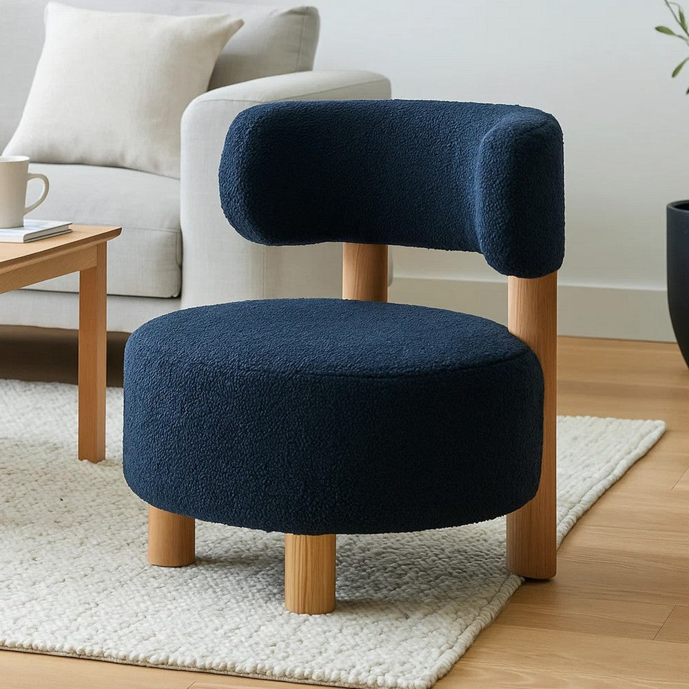 Zona Accent Chair, Barrel Back, Navy Blue Boucle Fabric and Brown Wood