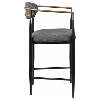 Tiara Counter Chair Set of 2, Gray Fabric, Gold, Black Metal 25 Inch