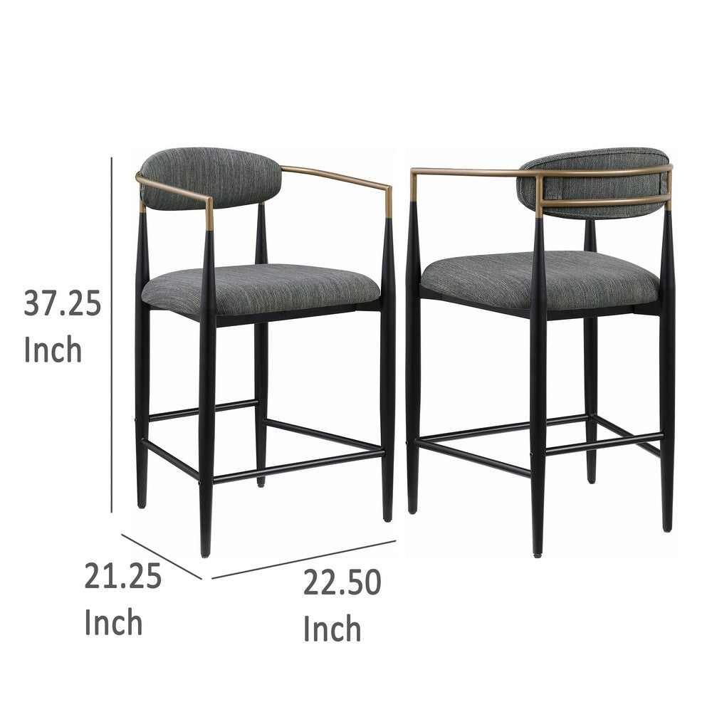 Tiara Counter Chair Set of 2, Gray Fabric, Gold, Black Metal 25 Inch