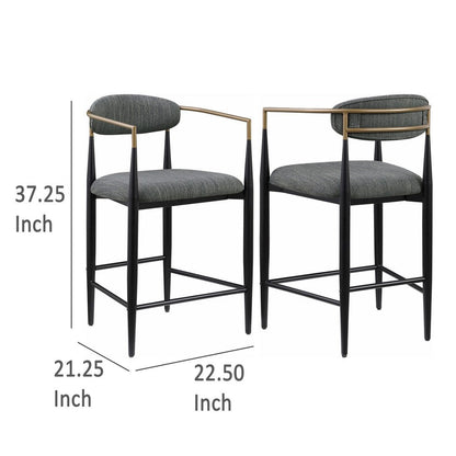 Tiara Counter Chair Set of 2, Gray Fabric, Gold, Black Metal 25 Inch