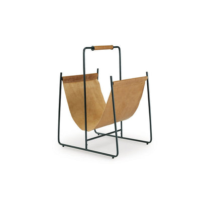Faron Magazine File Rack with Handles, Black Metal, Brown Leather