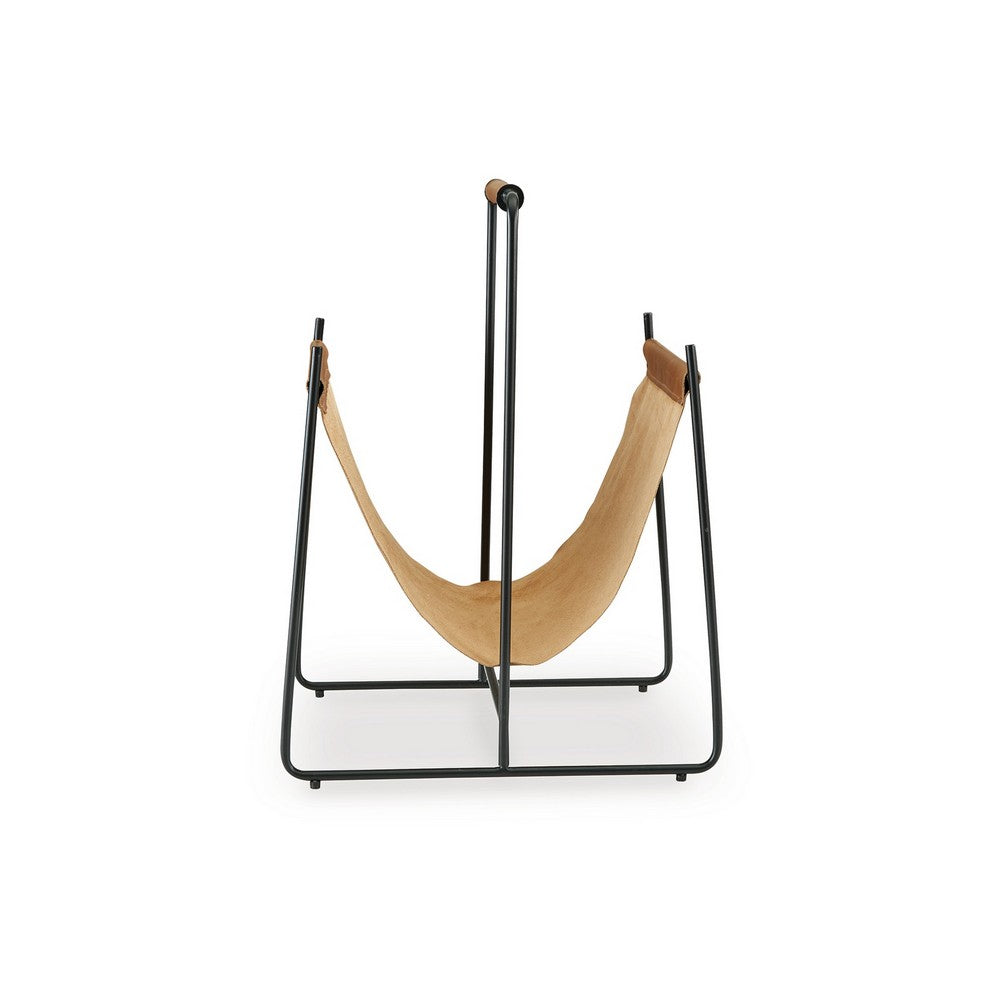 Faron Magazine File Rack with Handles, Black Metal, Brown Leather