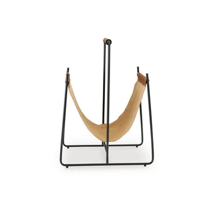 Faron Magazine File Rack with Handles, Black Metal, Brown Leather