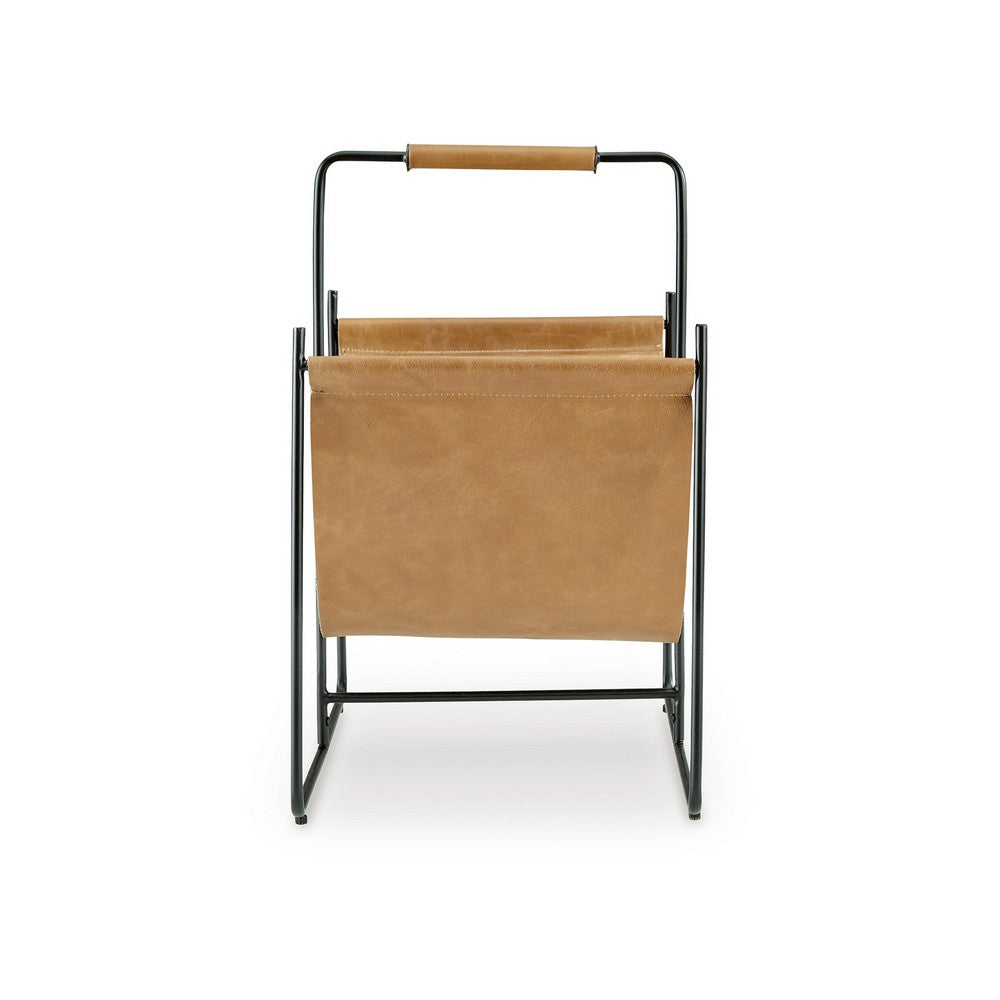 Faron Magazine File Rack with Handles, Black Metal, Brown Leather
