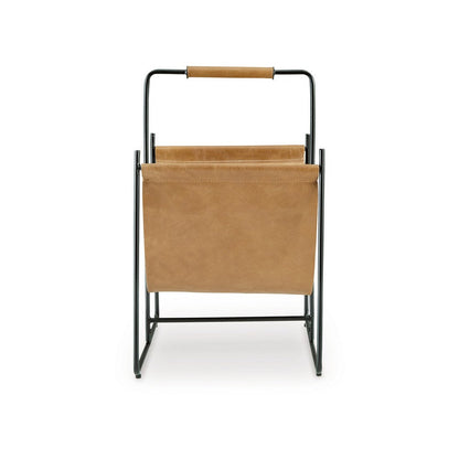 Faron Magazine File Rack with Handles, Black Metal, Brown Leather