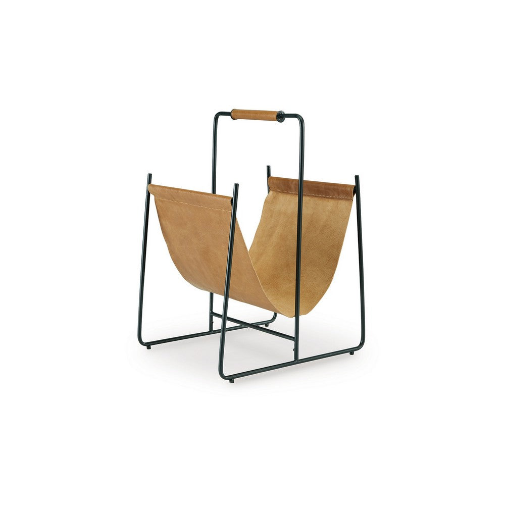 Faron Magazine File Rack with Handles, Black Metal, Brown Leather