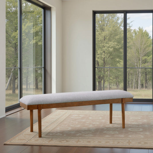 Jeyn Large Dining Room Bench, 59 Inch Brown Hardwood, Gray Polyester