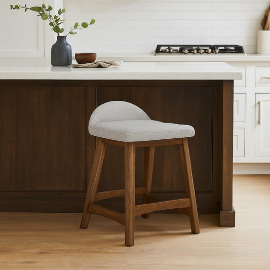 Jeyn Counter Stool with Footrest Set of 2, Brown Wood, Light Gray Seat