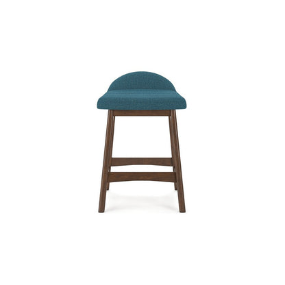 Jeyn Counter Stool with Footrest Set of 2, Brown Hardwood, Blue Seat