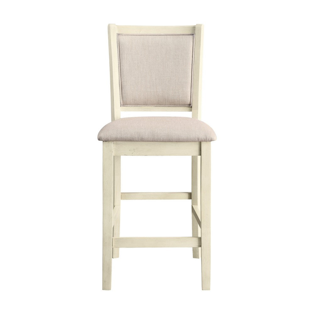 Han Counter Chair Set of 2, Beige Fabric, Ivory Solid Rubberwood