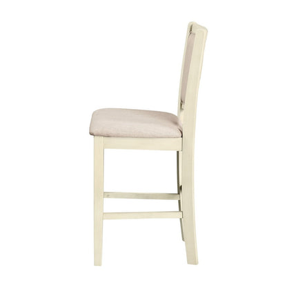 Han Counter Chair Set of 2, Beige Fabric, Ivory Solid Rubberwood