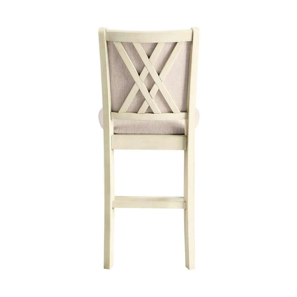 Han Counter Chair Set of 2, Beige Fabric, Ivory Solid Rubberwood
