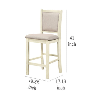 Han Counter Chair Set of 2, Beige Fabric, Ivory Solid Rubberwood