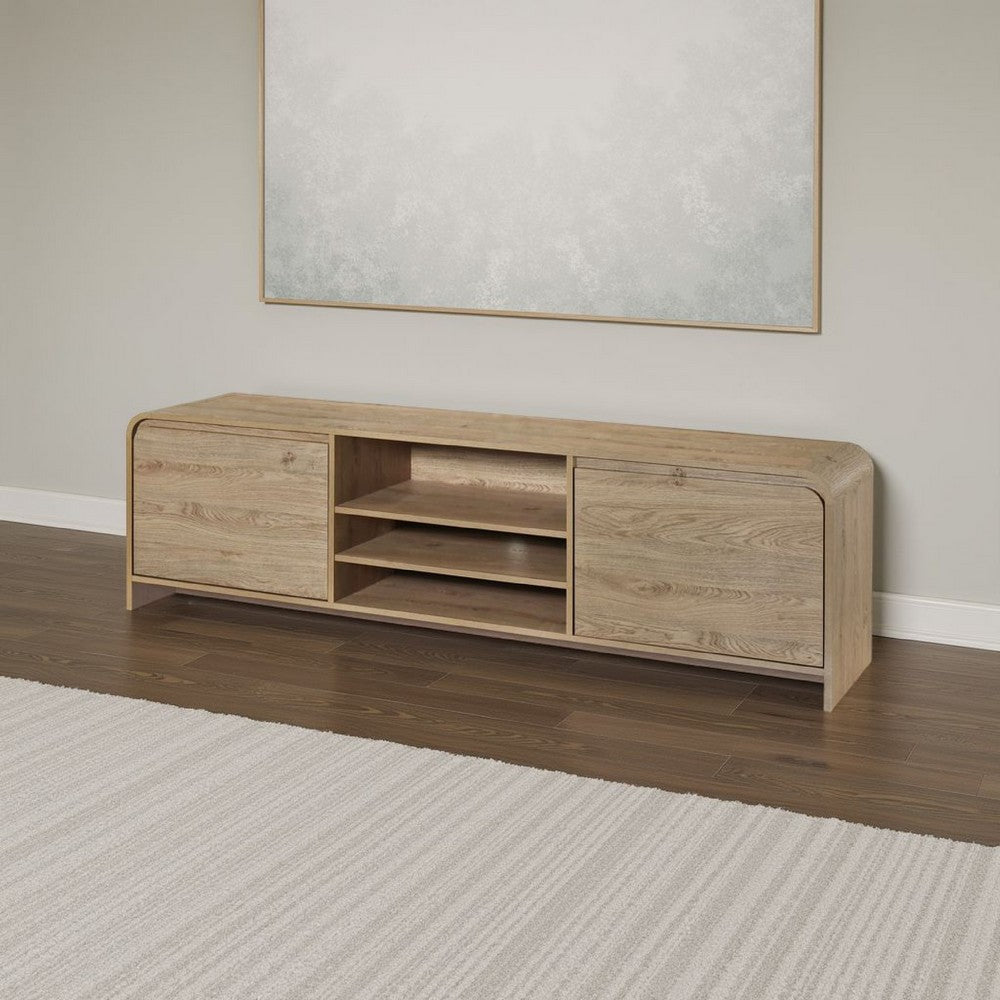 Maria TV Stand Media Cabinet, 2 Drawer and Shelves, Beige Wood 71 Inch