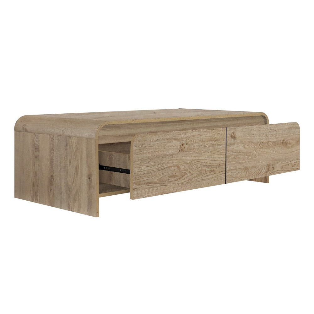 Maria Coffee Table, 2 Drawer and Waterfall Style, Beige Wood 47 Inch