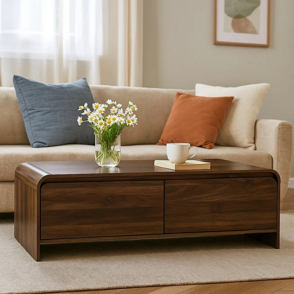 Maria Coffee Table, 2 Drawer and Waterfall Style, Brown Wood 47 Inch