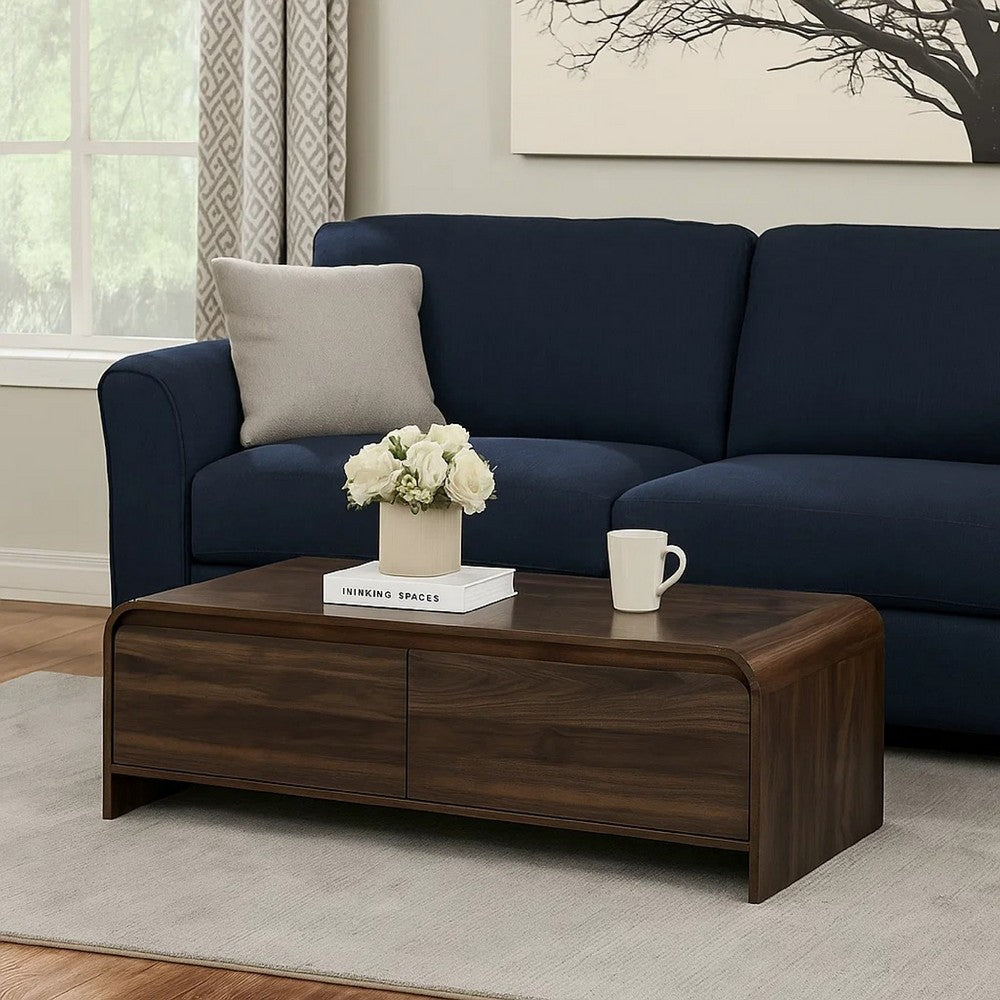 Maria Coffee Table, 2 Drawer and Waterfall Style, Brown Wood 47 Inch