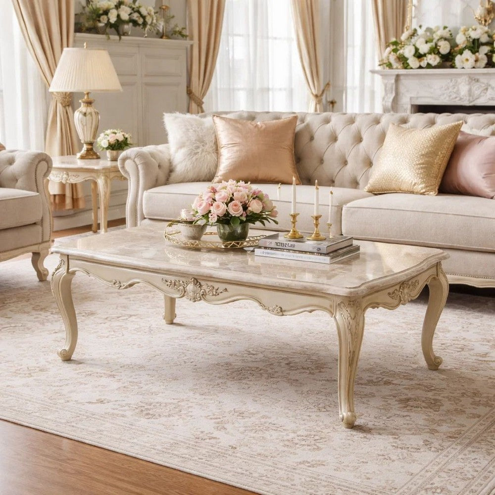 Kerra Cocktail Coffee Table, Beige Marble, Carved Champagne 54 Inch