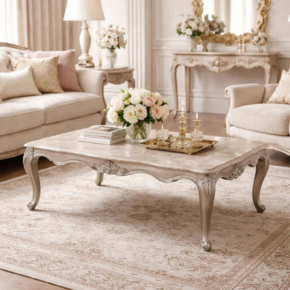 Kerra Cocktail Coffee Table, Beige Marble, Carved Champagne 54 Inch