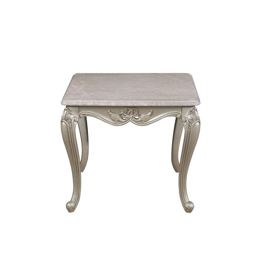 Kerra Side End Table, Beige Marble, Classic Carved Champagne 28 Inch