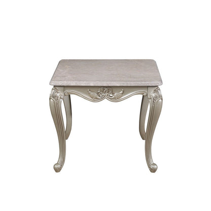 Kerra Side End Table, Beige Marble, Classic Carved Champagne 28 Inch