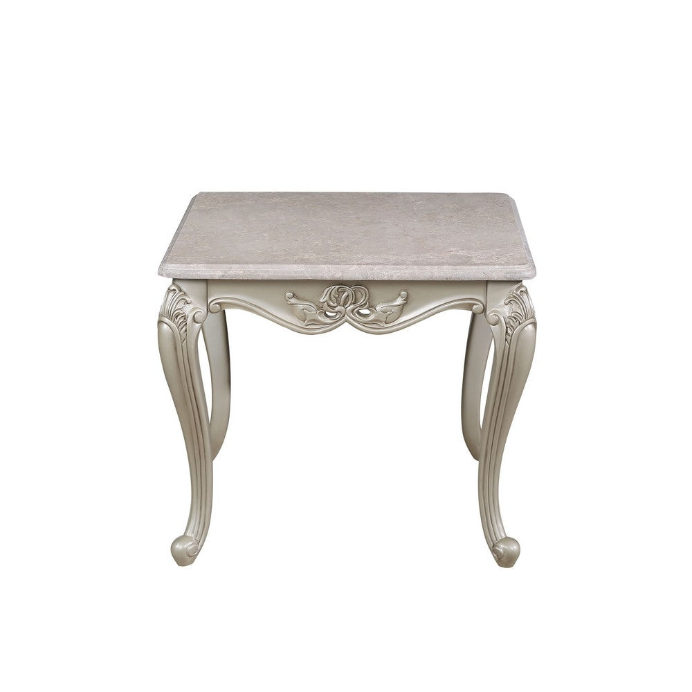 Kerra Side End Table, Beige Marble, Classic Carved Champagne 28 Inch