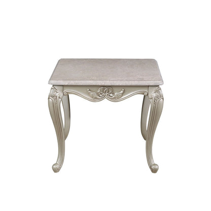 Kerra Side End Table, Beige Marble, Classic Carved Champagne 28 Inch