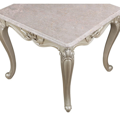 Kerra Side End Table, Beige Marble, Classic Carved Champagne 28 Inch