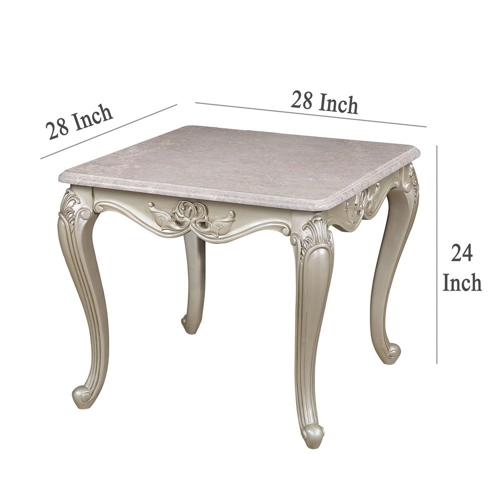 Kerra Side End Table, Beige Marble, Classic Carved Champagne 28 Inch