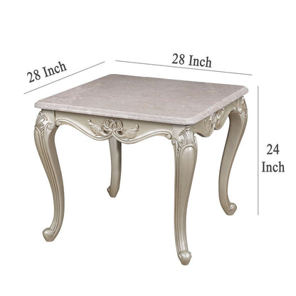 Kerra Side End Table, Beige Marble, Classic Carved Champagne 28 Inch