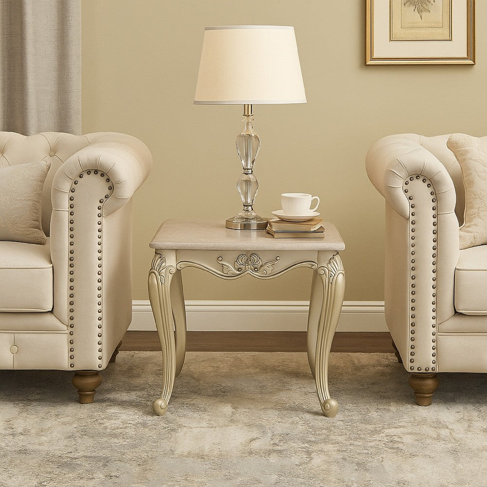 Kerra Side End Table, Beige Marble, Classic Carved Champagne 28 Inch