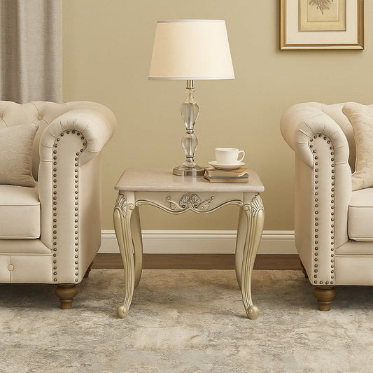 Kerra Side End Table, Beige Marble, Classic Carved Champagne 28 Inch