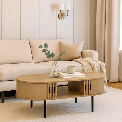 Brandon Cocktail Coffee Table with Inner Shelf, Oval Light Beige Wood