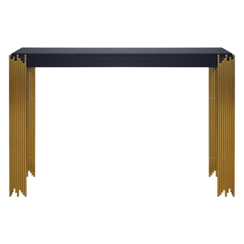 Theo Console Table, Gold Metal Legs, Retro Black Wood Frame 48 Inch