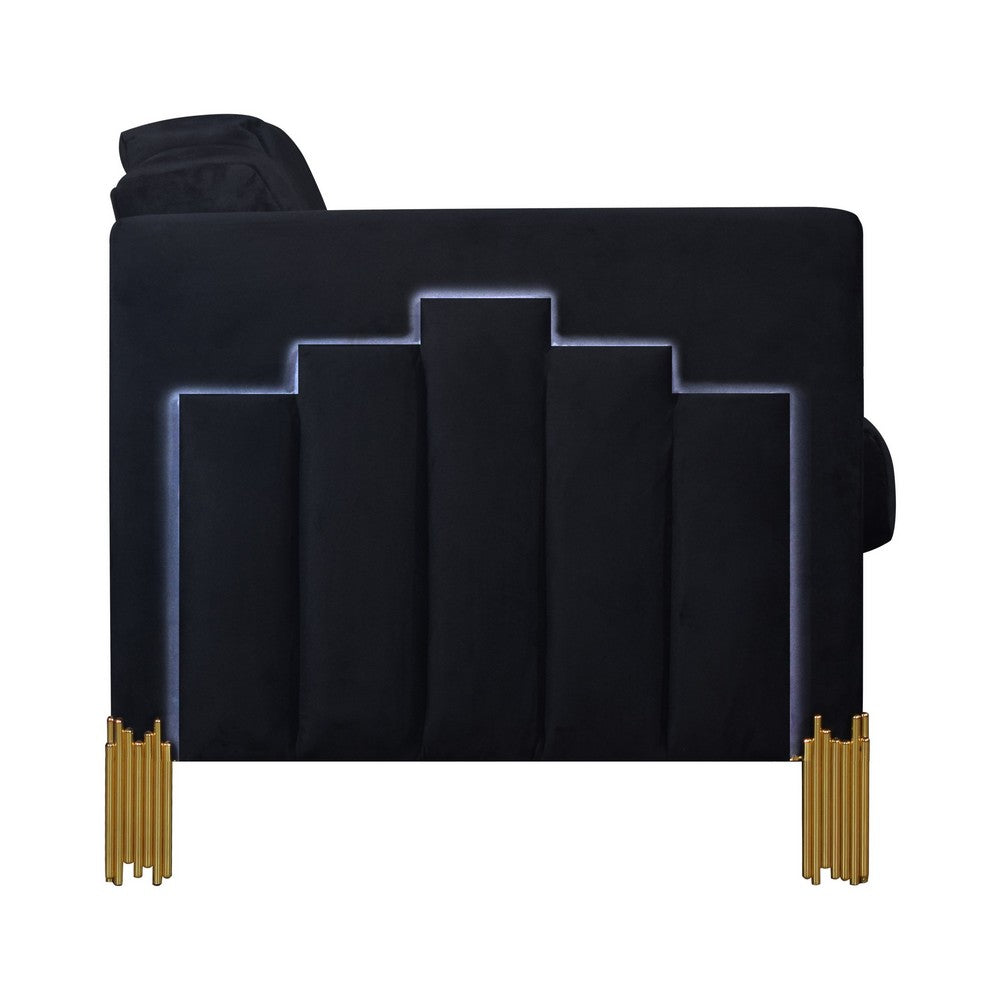 Theo Accent Chair, Black Velvet, Blue LED Lights, Gold Metal Legs