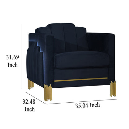 Theo Accent Chair, Black Velvet, Blue LED Lights, Gold Metal Legs