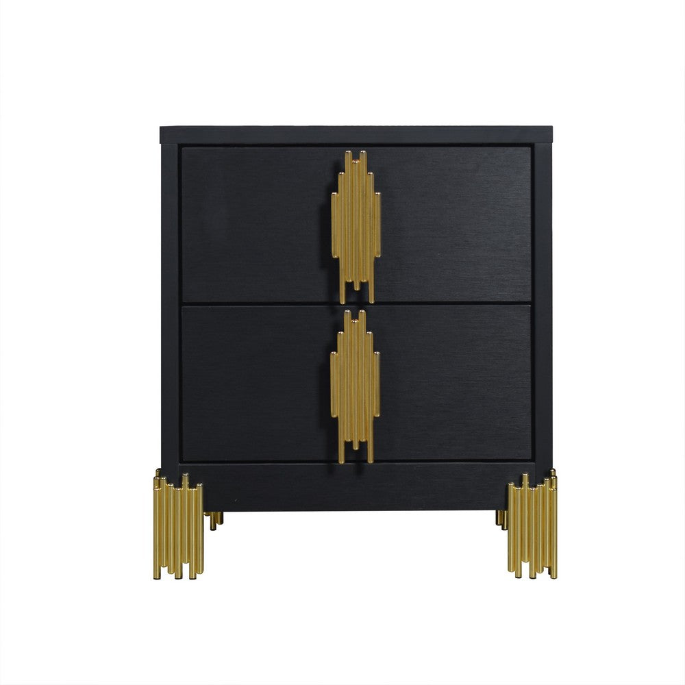 Theo Nightstand, 2 Drawers, Retro Gold Handles and Black Wood, 25 Inch