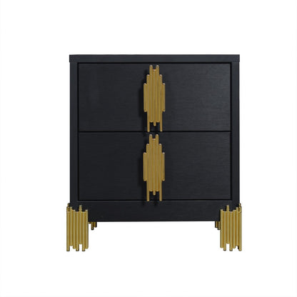 Theo Nightstand, 2 Drawers, Retro Gold Handles and Black Wood, 25 Inch