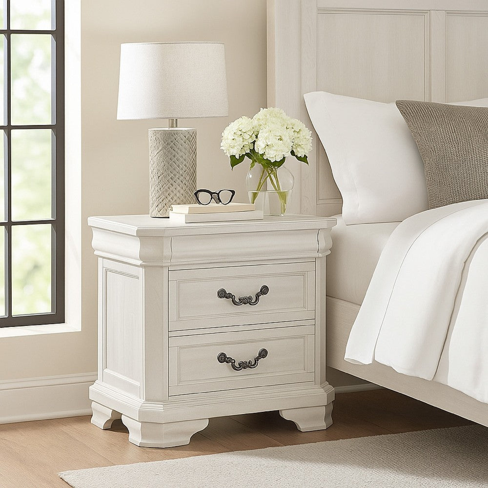 Lynda Nightstand, 2 Drawers Metal Handles, White Acacia Wood 27 Inch