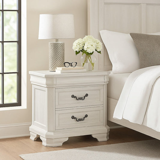 Lynda Nightstand, 2 Drawers Metal Handles, White Acacia Wood 27 Inch