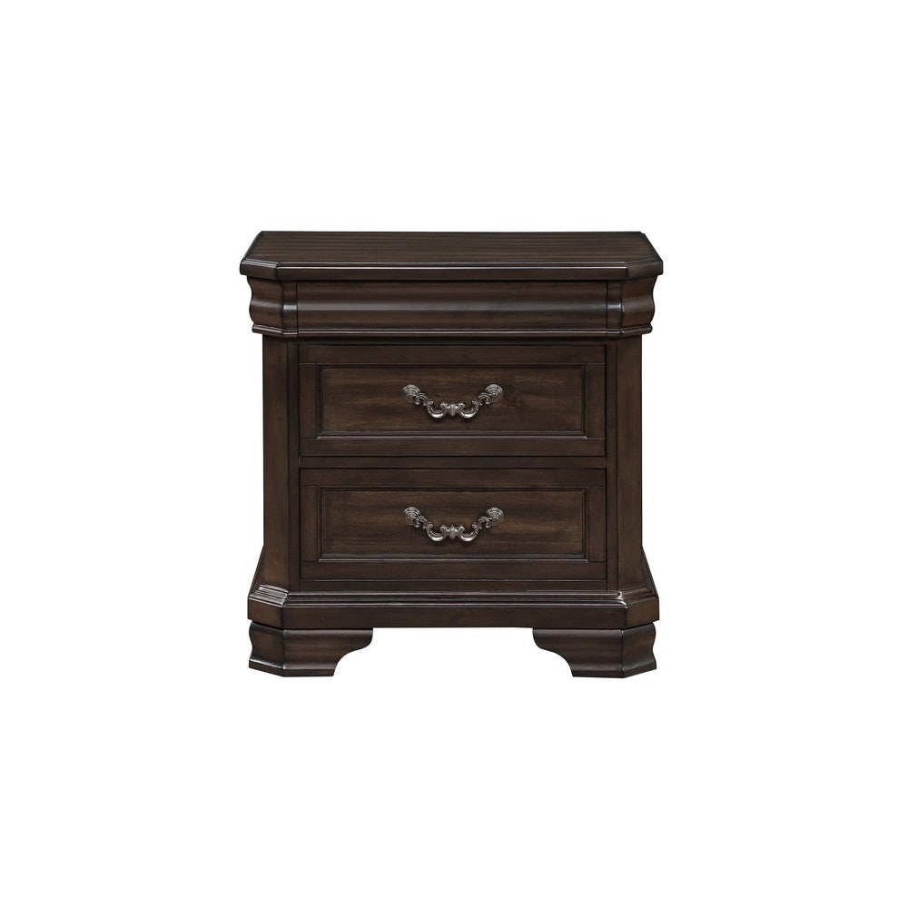 Lynda Nightstand, 2 Drawers Metal Handles, Brown Acacia Wood, 28 Inch