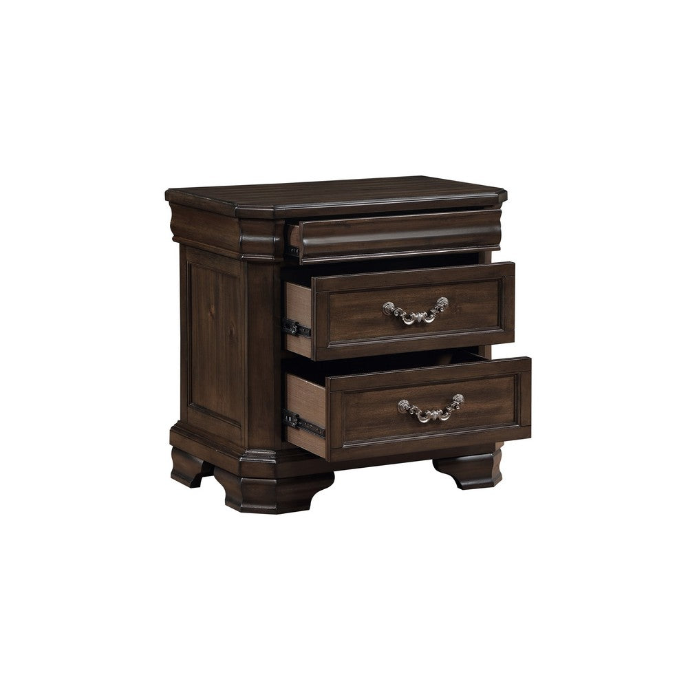 Lynda Nightstand, 2 Drawers Metal Handles, Brown Acacia Wood, 28 Inch