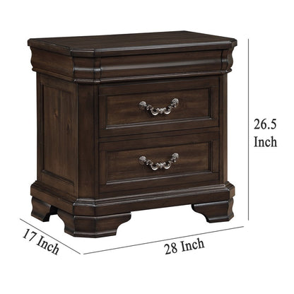 Lynda Nightstand, 2 Drawers Metal Handles, Brown Acacia Wood, 28 Inch