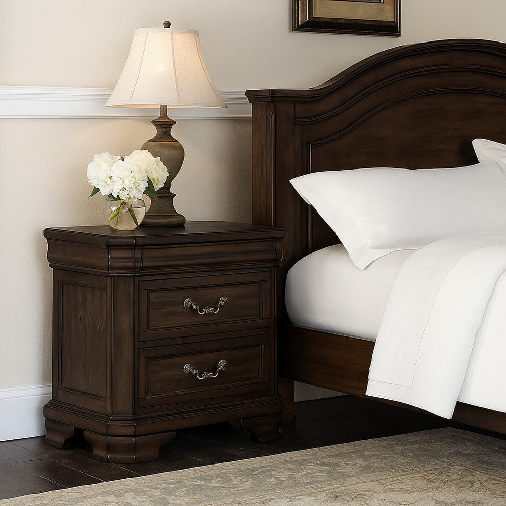 Lynda Nightstand, 2 Drawers Metal Handles, Brown Acacia Wood, 28 Inch