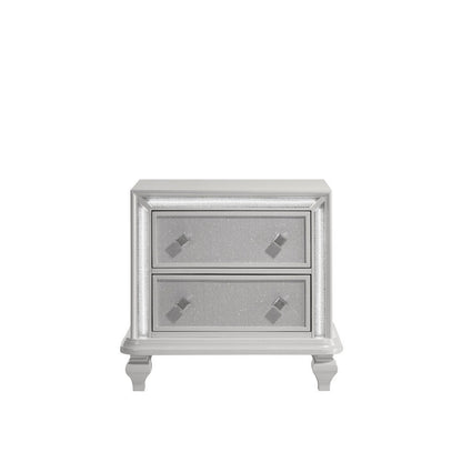Stacy Nightstand with 2 Drawers and LED Lights, Silver and White Wood